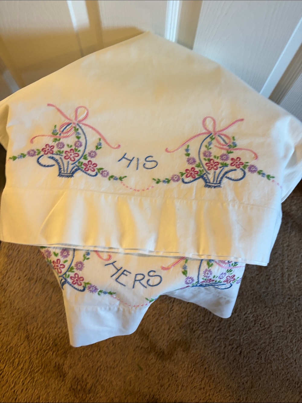 White Embroidered 'His & Hers' Pillowcase Set with Floral Baskets